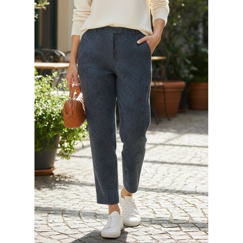 ROBELL Modell Bella09 Women's Floral Embossed Pants‎ Size 12 Navy Pull On Ankle